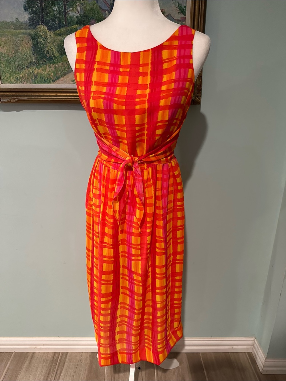Vibrant Red & Orange Sleeveless Tie-Waist Midi Dress
